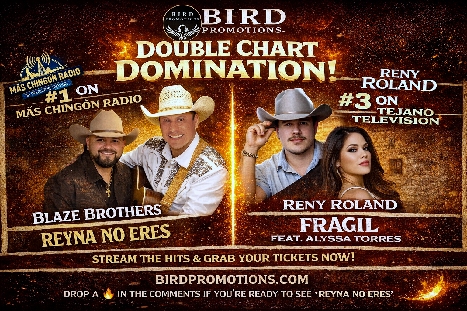 CHART DOMINATION! Blaze Brothers Ignite #1 on Más Chingon Radio with “Reyna No Eres” & Reny Roland Blazes #3 on Tejano TV with “FRÁGIL”